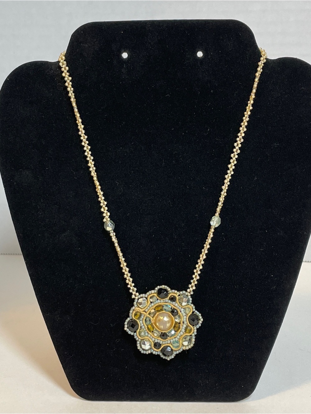 Intricate Cream Seed Bead and Faux Stone Necklace With  Flower Pendant, 15”